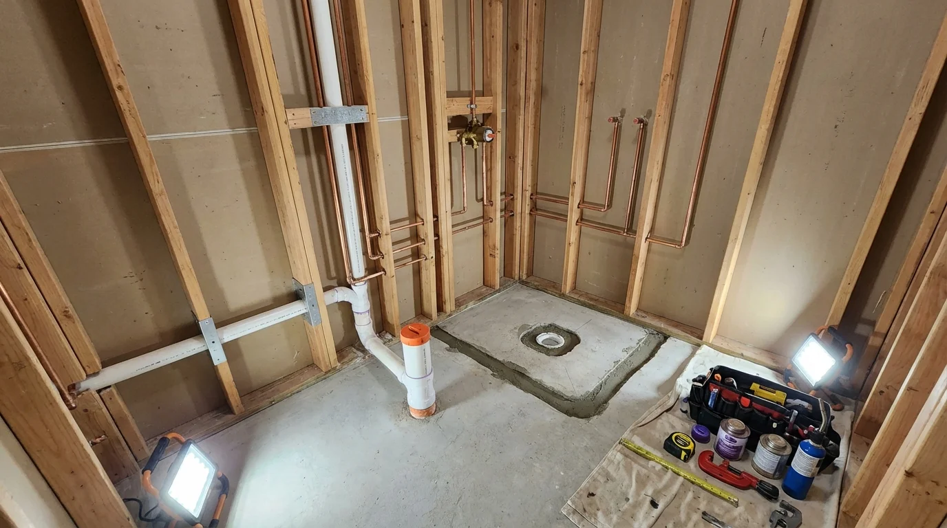 Bathroom rough-in plumbing during remodel by Johns Plumbing LLC in Queens Village