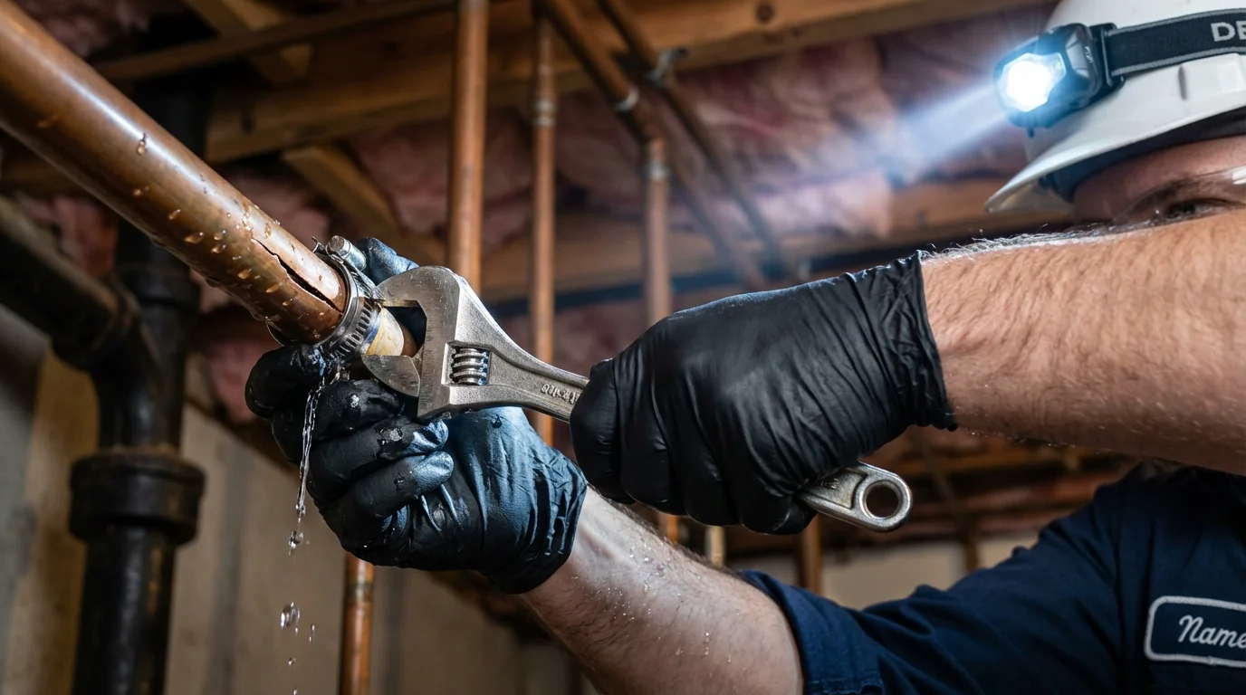 Emergency pipe clamp repair being performed by a Johns Plumbing LLC plumber in Queens Village