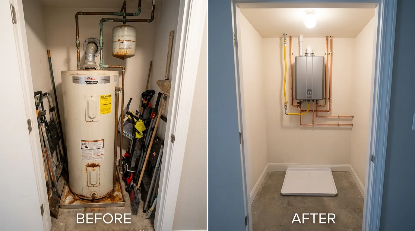 Tank water heater versus wall-mounted tankless unit comparison for Queens Village, NY homeowners
