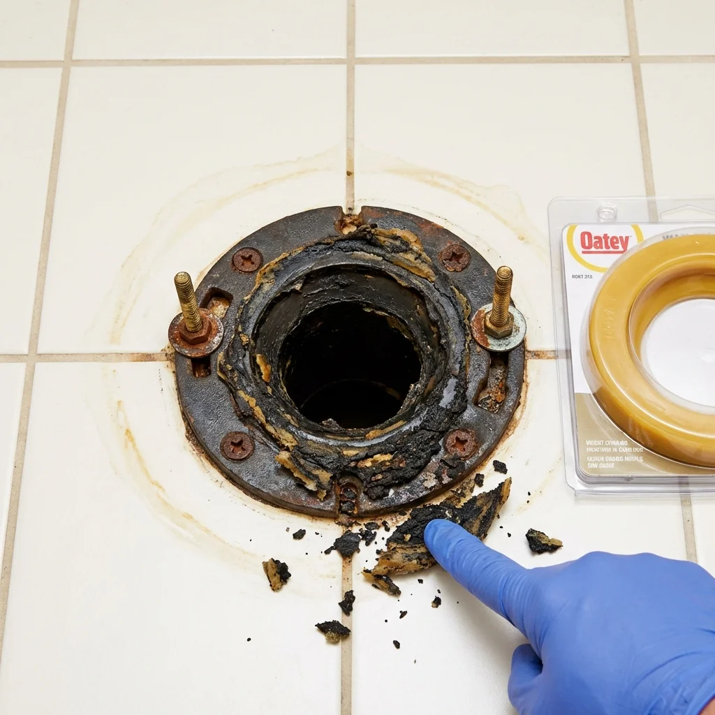 Failed wax ring showing water seepage at the base of a toilet in a Queens Village, NY home