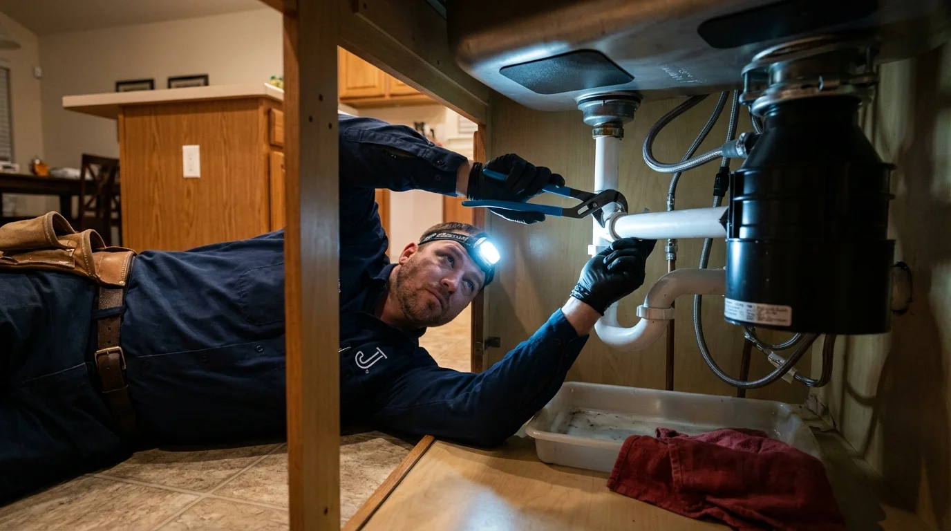 P-trap and supply line connections under a kitchen sink showing a common leak point in Queens Village, NY